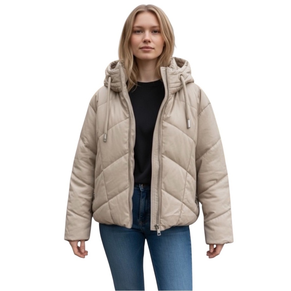 Bernie by Bernardo Faux Leather Puffer Jacket Beige Quilted Hooded Small